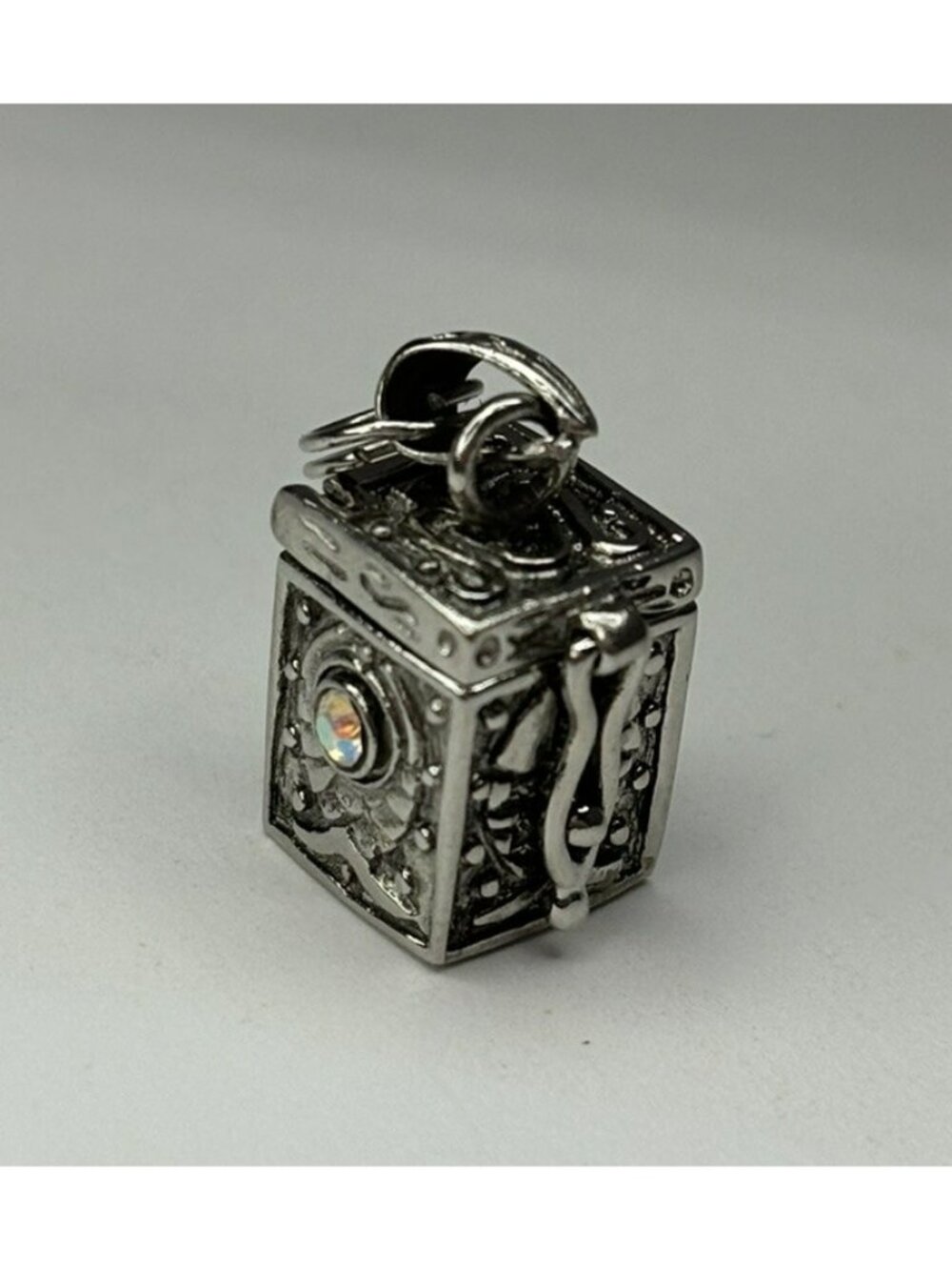 REALLY OPENS! Sterling Silver AA925 Hinged Prayer Box Rhinestone Fish Bead Charm